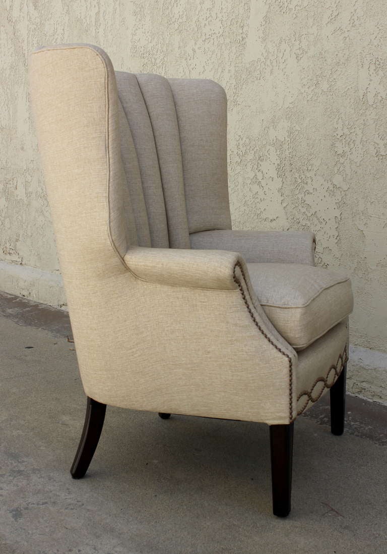 1940s Channel Back Linen Wing Chair 1