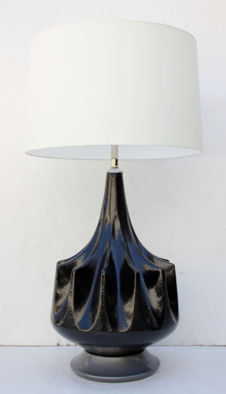 Black Hand Crafted Ceramic Lamp.  1970s
Rewired, double cluster.
Lampshade is $375.