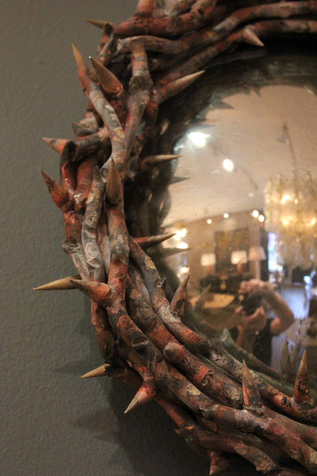 Handmade crown of thorns mirror by Onik Agaronyan. Antiqued convex mirror. Patinated brass. Signed 1/1. Dimensions: 14