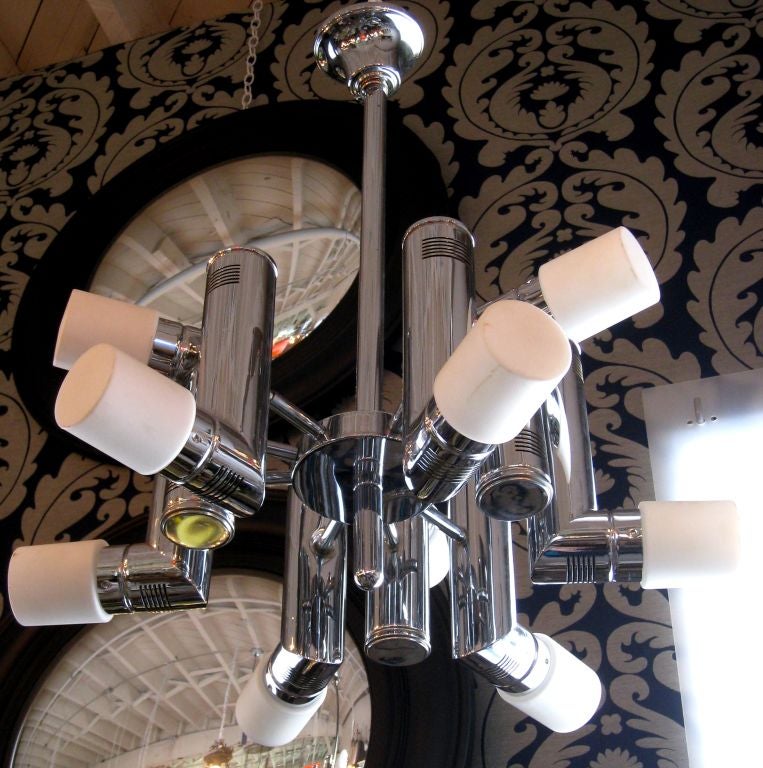 French 9 Light Frosted Glass and Chrome Chandelier. All Original.