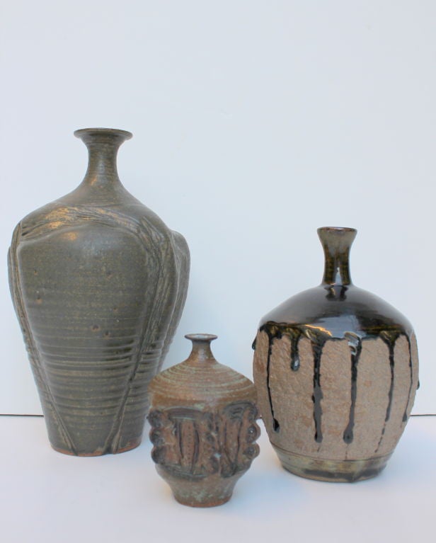 Collection of Three Pottery Shack Studio ceramic Vases. Signed Singleton.  Laguna Beach, CA<br />
Measurments from left to right on photo #1: 7.5 x 13 tall, 4 x 5 tall, 5.5 x 8.5 tall.