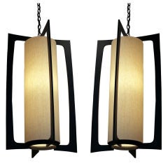Pair of Large French Bronzed Lanterns with Linen Shades