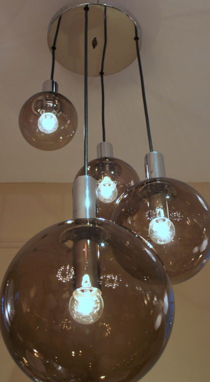 Raak 4 Brown Smoke Glass Globe Spiral Chandelier In Good Condition For Sale In Los Angeles, CA