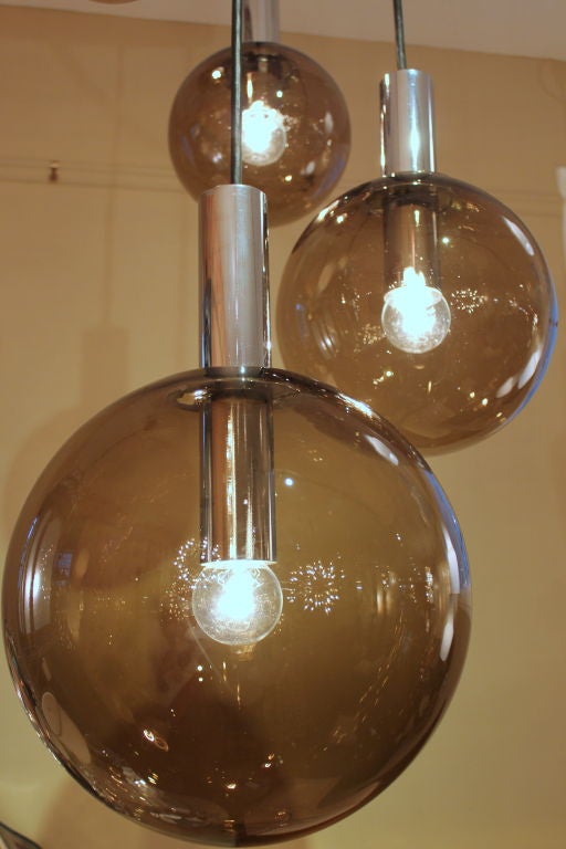 Late 20th Century Raak 4 Brown Smoke Glass Globe Spiral Chandelier For Sale