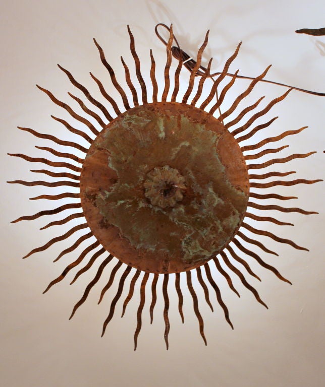 Iron Sunburst Ceiling Mount Fixture.  Great Patina . Rewired<br />
Could also be used as a sconce.