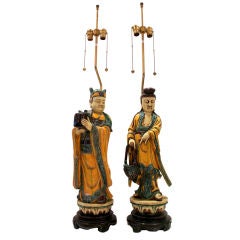 Pair of Italian Majolica Chinese Ancestors mounted as Lamps