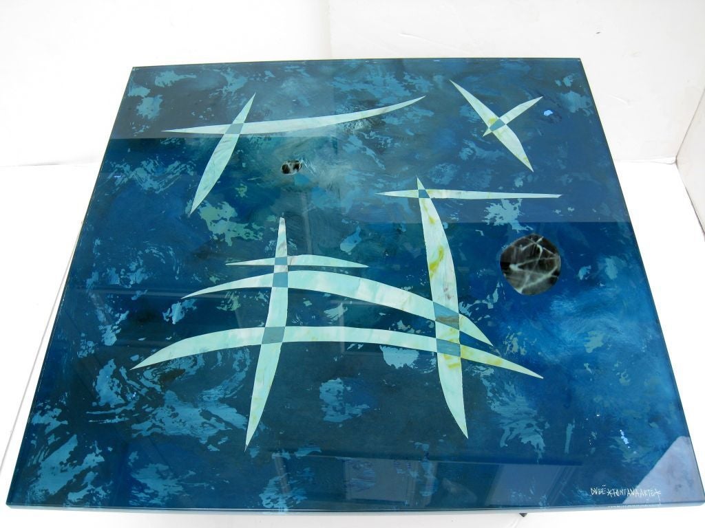 Hand Reversed Painted Crystal Table wiht Hammered Bronze X Base.<br />
Painted by Dube' Bernabe for Fontana Arte Signed  This table was exhibited in the Fontana Arte Stand at the 39th Fiera di Milano in 1961