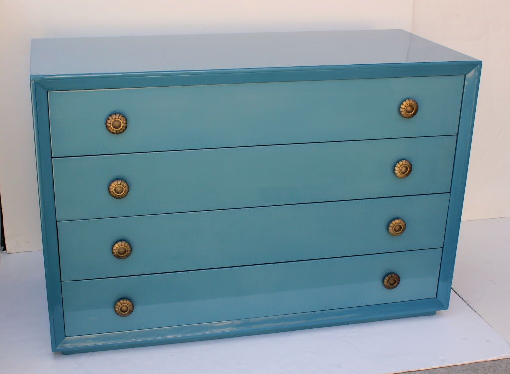 Pair of James Mont Cabinets.  New Two Color  Lacquer Finish.  Original Hardware. Both Signed with Branded Mark in the top Drawer.  Plinth Base.