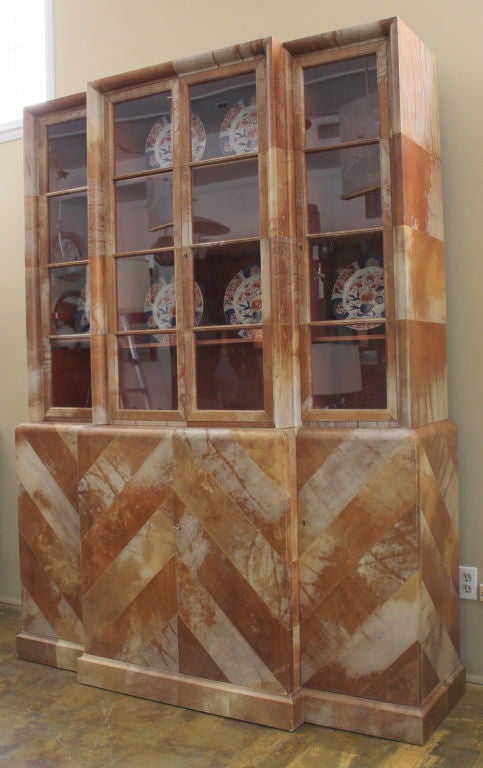 Exceptional Samuel Marx Herringbone Pattern Parchment Cabinet.  Original Finish. Interior Coral Polychrome also original.