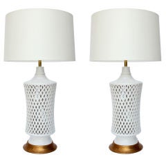Pair of Italian Porcelain Latticino Lamps