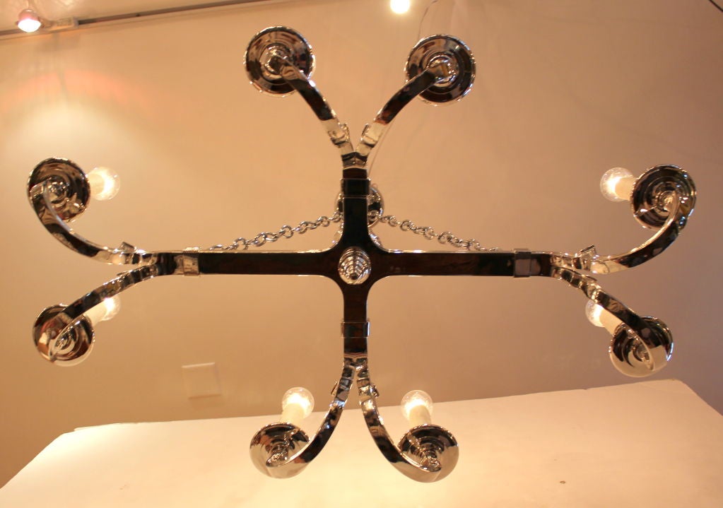 Neo Classical Nickel 8 Arm Chandelier In Excellent Condition For Sale In Los Angeles, CA