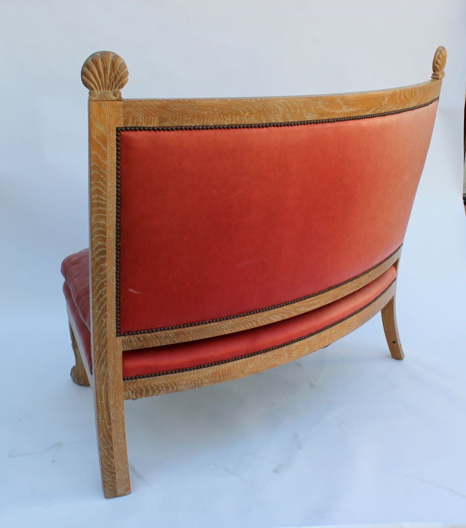 Leather Pair of Ceruse Oak Curved Settees Manner of Charles Moreux For Sale
