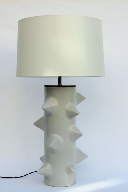 Contemporary Stoneware Lamps designed by Warner Walcott exclusively for Downtown.  Custom Glazes available.  THORN  shown with nickel double cluster, twist cord.  Matte Glaze Ceramic Finial. Walnut top .