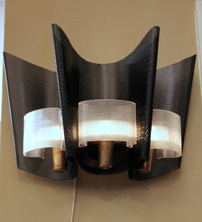Pair of  French Perforated Metal and Resin Sconces In Excellent Condition In Los Angeles, CA