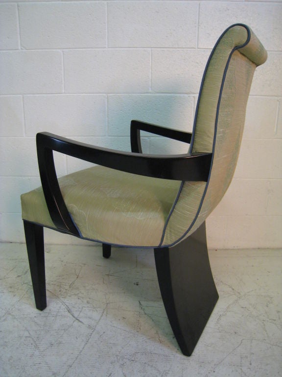 Set of Eight James Mont Dining Chairs, 2 Arm , 6 Side. Paddle Leg. <br />
Bel Air Estate. Black Lacquer Dimension is for Side Chair.<br />
Arm Chair 37 h x 23w x 26 d Seat Ht 20 Arm 26.5