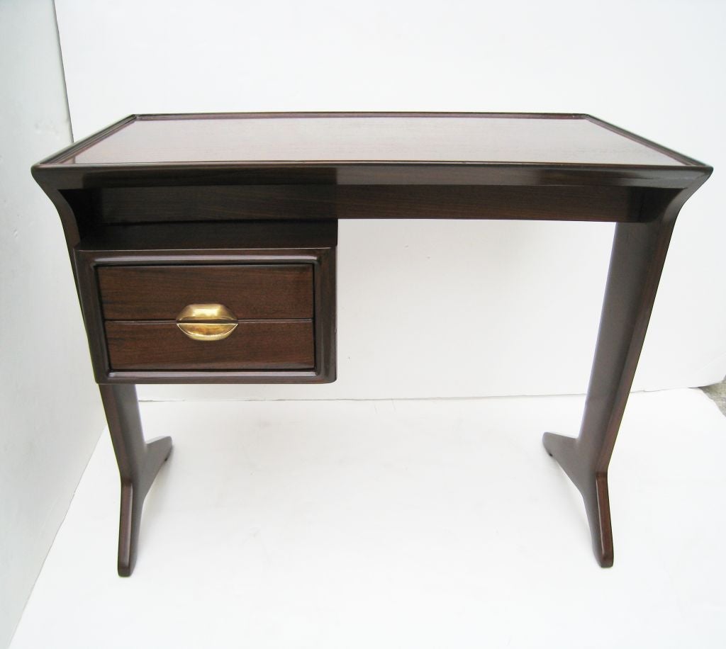 Petite Dassi Writing Desk, in the style of Guglielmo Ulrich. Inset Glass to Top Surface. Two Drawers. Newly Refinished.
