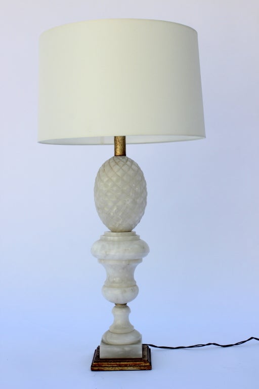 Pair of Alabaster Pineapple Lamps with Gilt Bases.  Newly Rewired. Silk Cord.