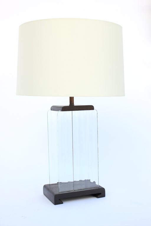 Pair of Ribbed Glass Modernist  Lamps.
Rewired. Silk Twist Cords. 
Lamp shades $375 each.