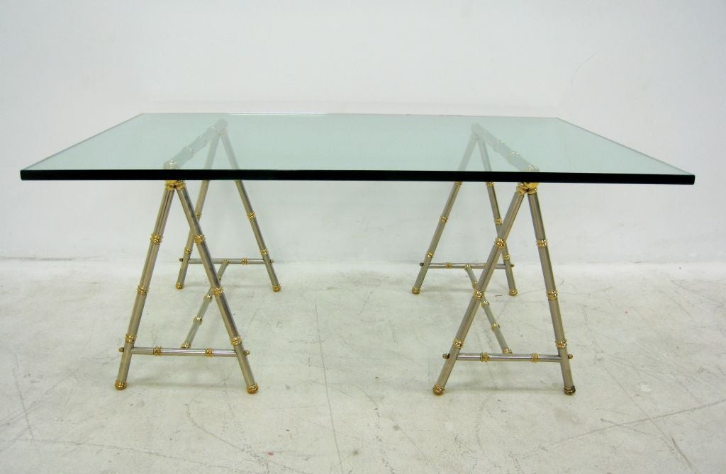French Maison Jansen Brass and Steel Saw Horse Cocktail Table For Sale