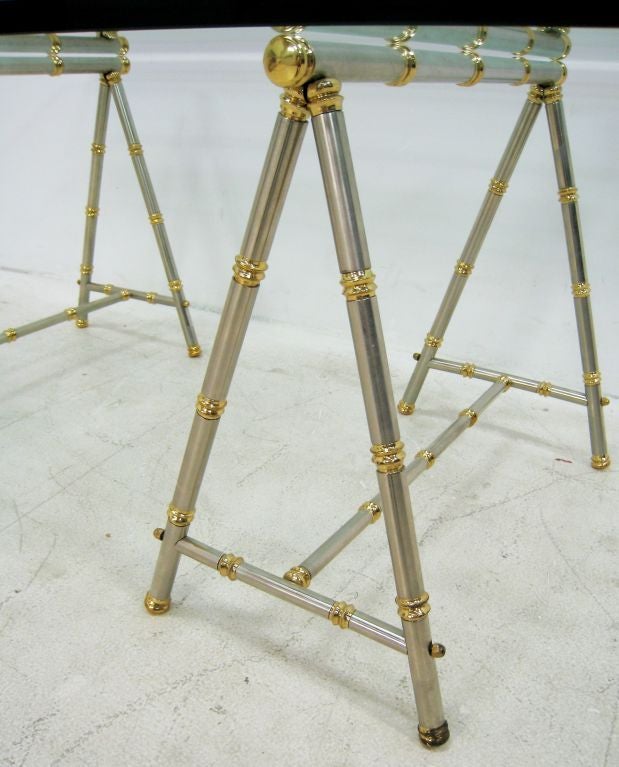 Glass Maison Jansen Brass and Steel Saw Horse Cocktail Table For Sale
