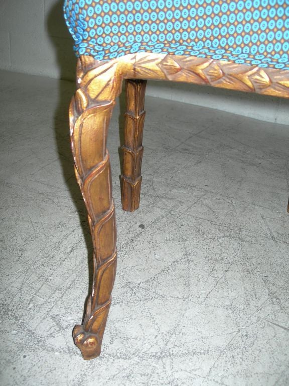 Carved Wood with Gilt. Italian Chairs. Palm Detail. New Silk Upholstery