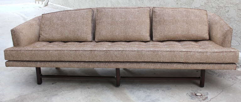 Edward Wormley for Dunbar sofa.
Restored and new upholstery. Brown and cream chenille.
All springs retied and frame tightened. Base tightened and refinished. Feather back pillows. New high density foam seat.

.