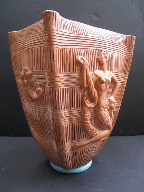 Large Unglazed Terra Cotta Vase with Glazed Interior. Graffito Decoration and Applied Decoration on all 4 sides. Signed with the Zaccagnini signature.