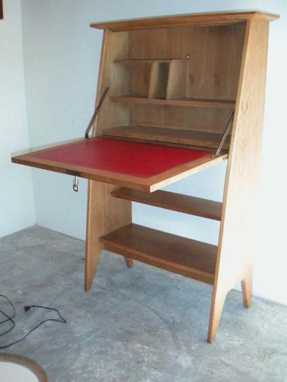 French oak drop front desk with original red leather. Only 14