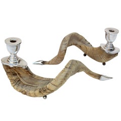 Pair of Ram Horn and Silver Candlesticks