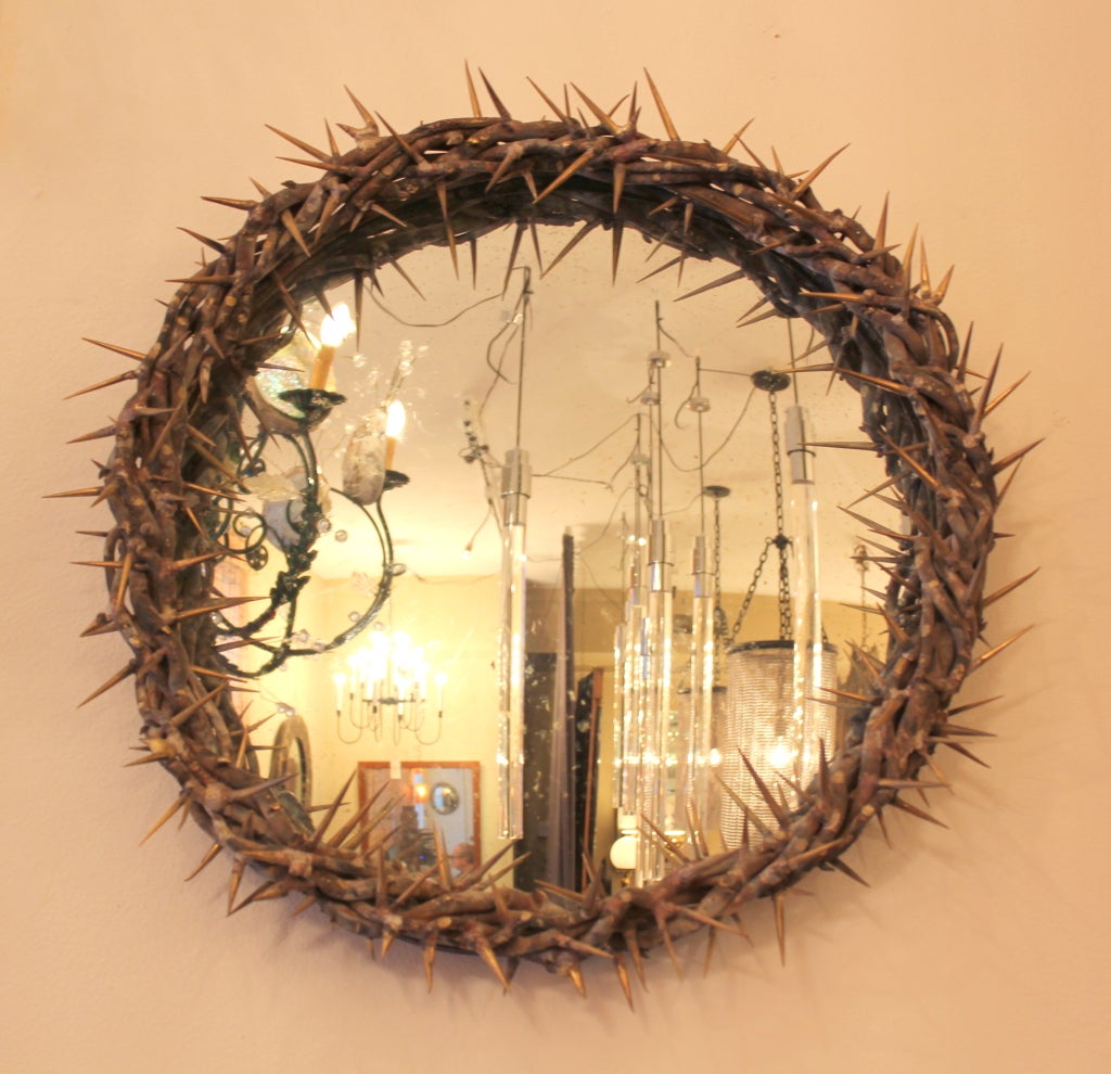 Brass Convex  Thorn Mirror by Onik Agaronyan.  Hand forged brass  Thorn Mirror.