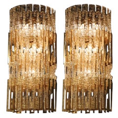 Pair of Four Foot  Mazzega Murano Glass and Brass Chandeliers