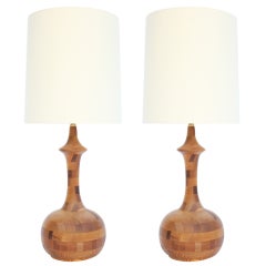 Pair of 1970s Turned Rift Oak Table Lamps