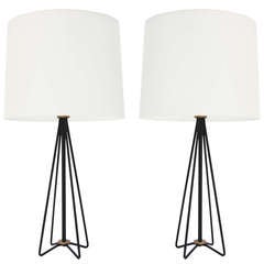 Pair of Black Steel and Brass Lamps