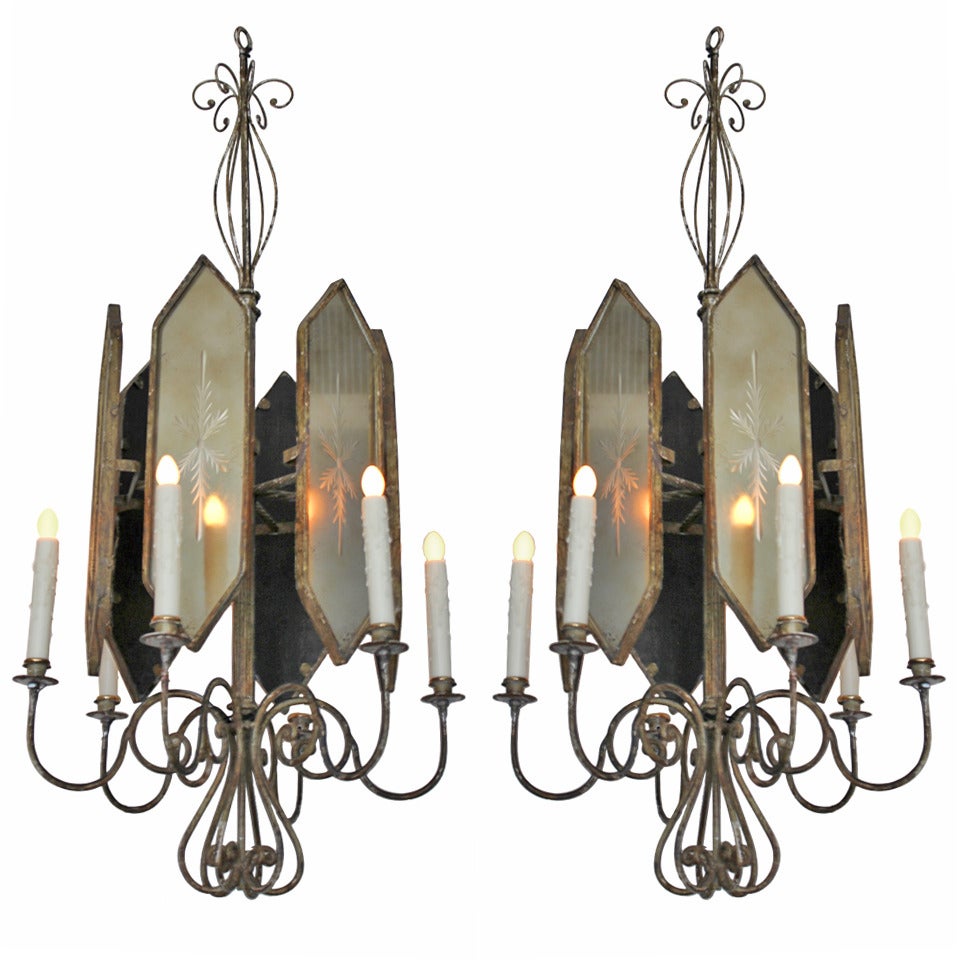 Pair of Italian Iron and Mirror Lanterns For Sale