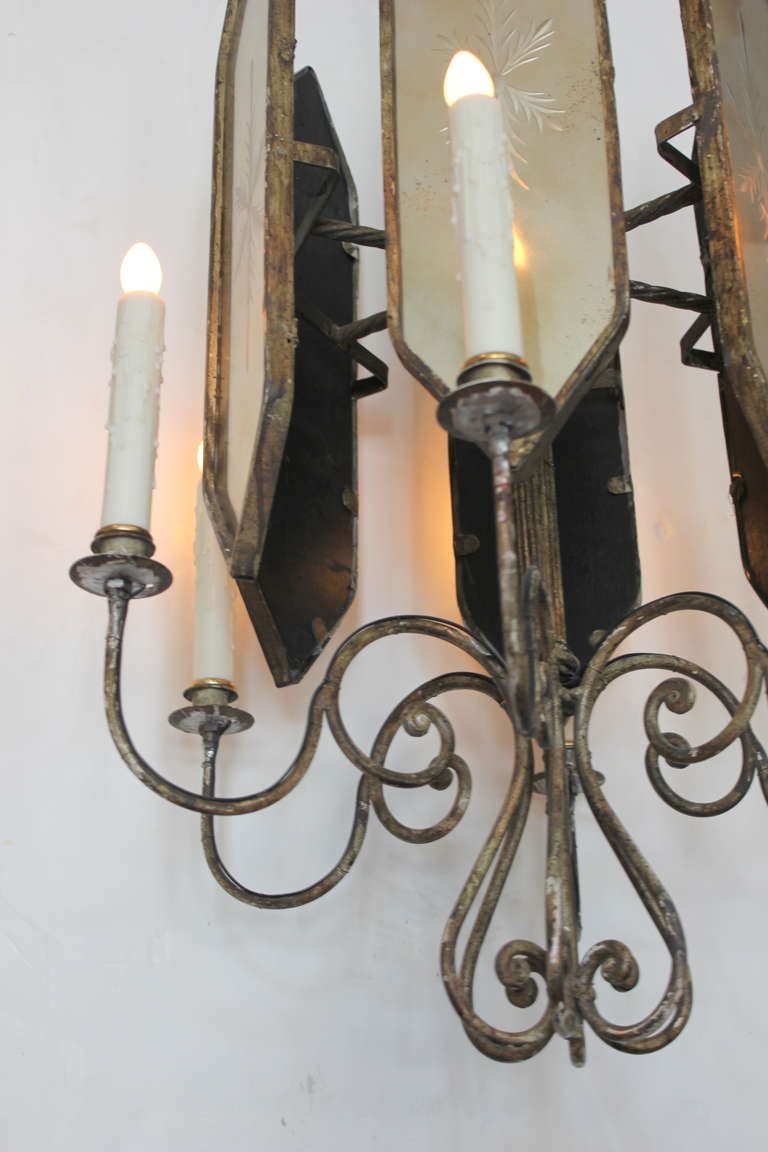 Pair of Italian Iron and Mirror Lanterns In Excellent Condition For Sale In Los Angeles, CA