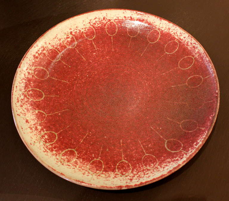 Large hand thrown Studio  Ceramic Platter.
Signed.  Lois '54