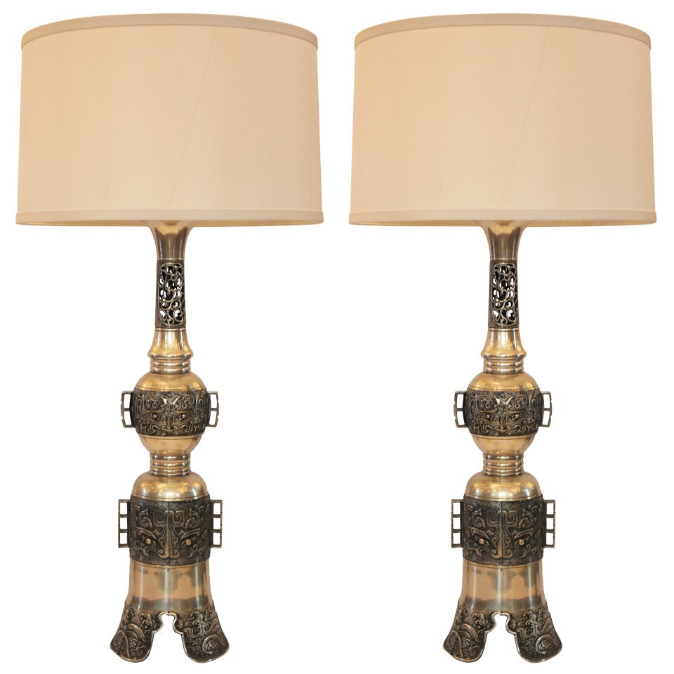 Pair of Asian Brass  Lamps For Sale