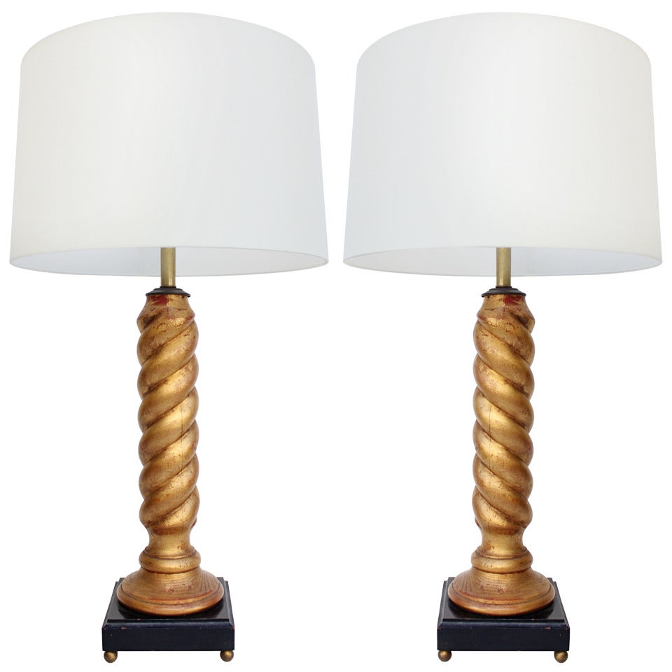 Pair of Gilt Twist Column Lamps