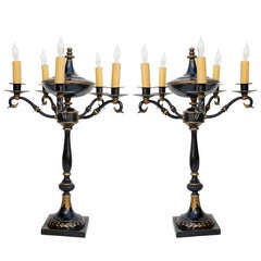 Pair of Black Tole Girandle Lamps