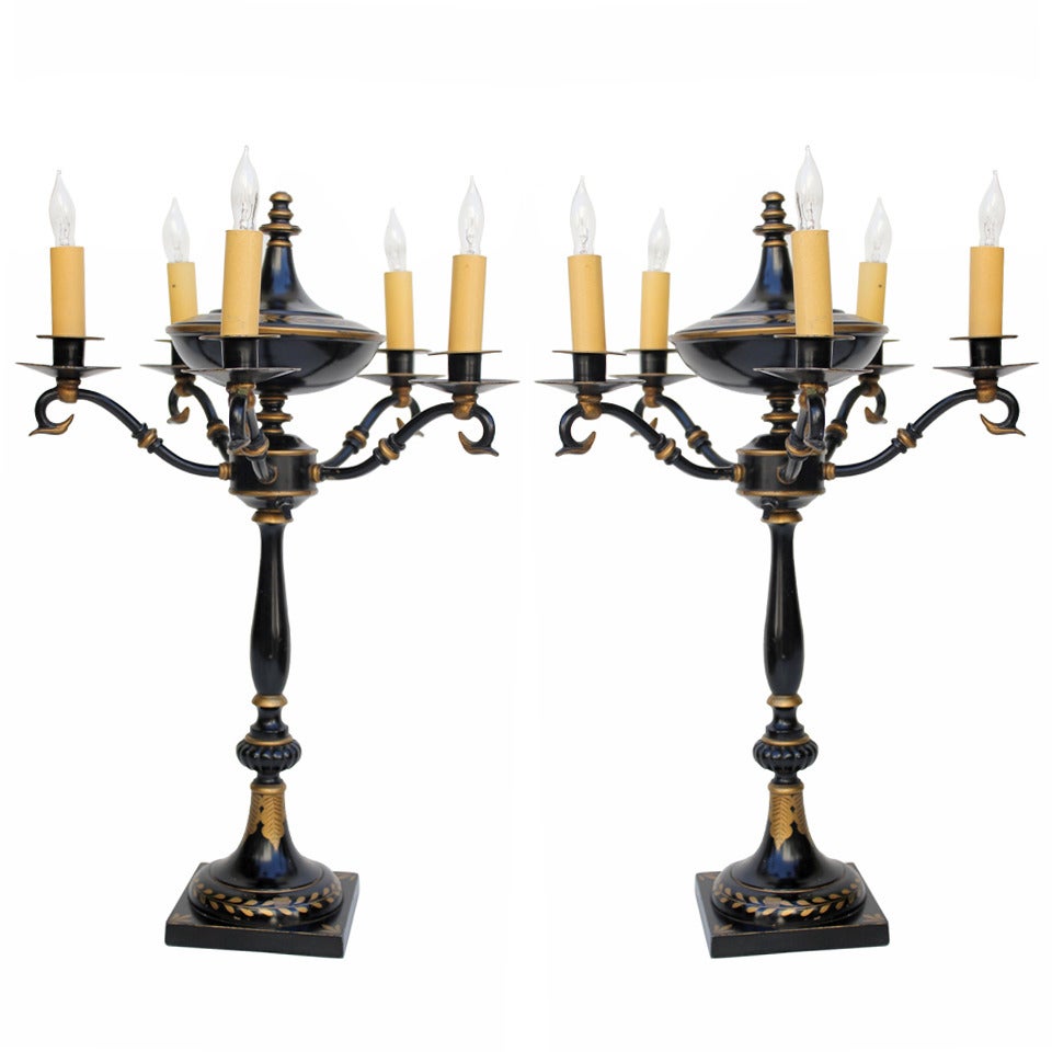 Pair of Black Tole Girandle Lamps