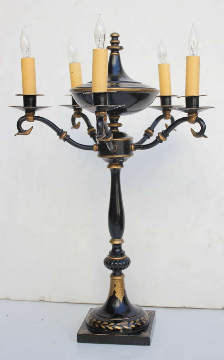 Pair of Black Tole Girandle Lamps.
5 Lights each. silk cords
Rewired.