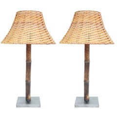 Pair of Brent Witke Bamboo Lamps with Rattan Shades