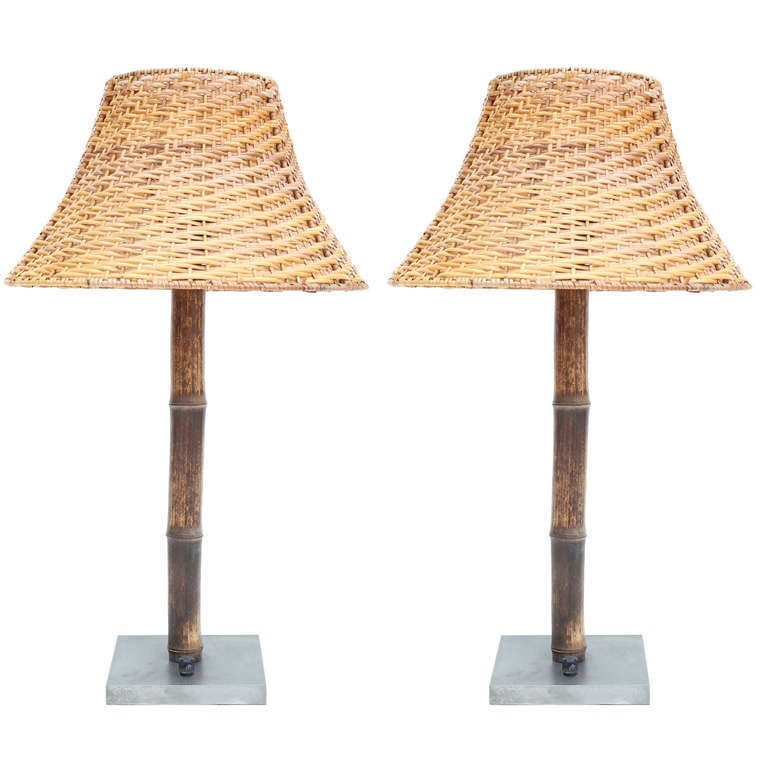 Pair of Brent Witke Bamboo Lamps with Rattan Shades