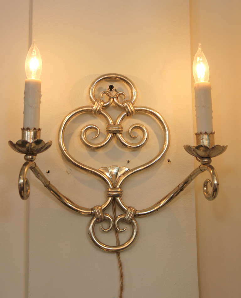 Pair of French 1940s White Gold Sconces. Restored and Rewired