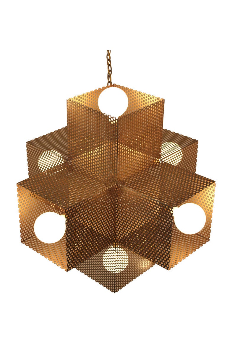 Large Perforated X Chandelier
An oversize six light perforated metal chandelier
Aged brass finish shown
Custom finishes available