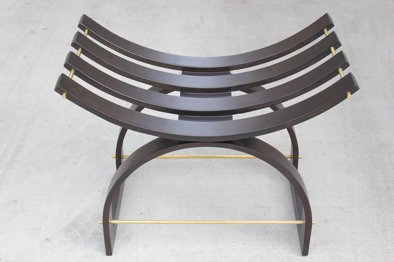 Harvey Probber knight's bench. Great form. Bent mahogany and brass. 
Refinished in ebony brown.