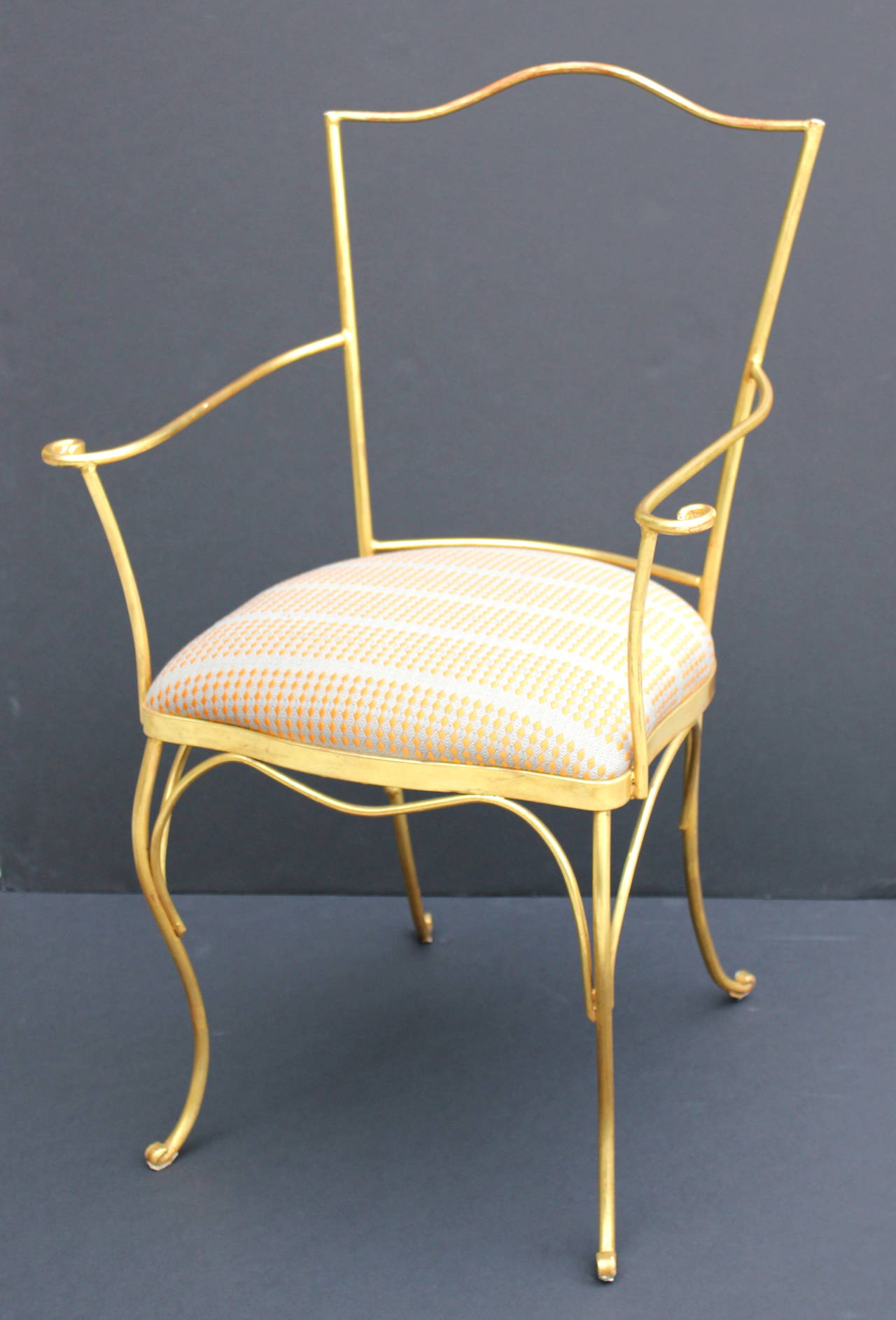 French iron chair with 22-karat gold gilt. George Smith fabric. 
1940s. 
Great desk, vanity or closet chair.
Arm Height is 26