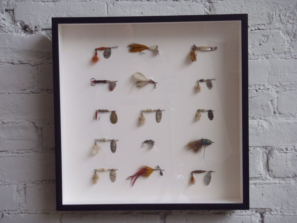 Collection of lures in new acid-free shadow box with black-painted wood frame and UV-protective glass. Dimension below are for the frame.