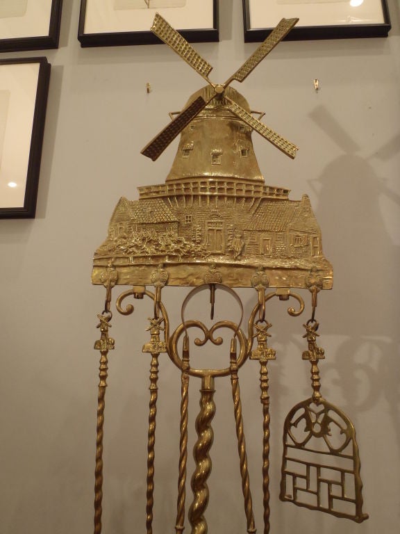 American Brass Fireplace Tools and Stand in the Form of a Windmill