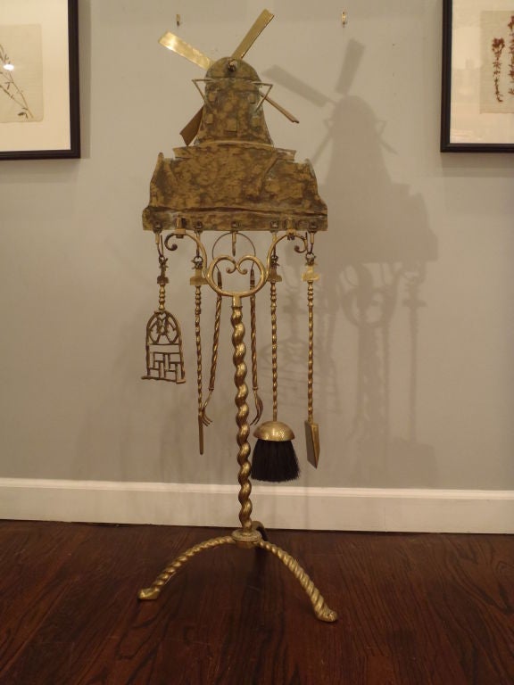20th Century Brass Fireplace Tools and Stand in the Form of a Windmill